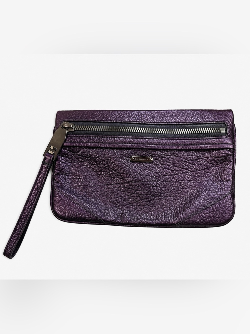 Burberry Brindley Metallic Aubergine Pebbled Leather Wristlet